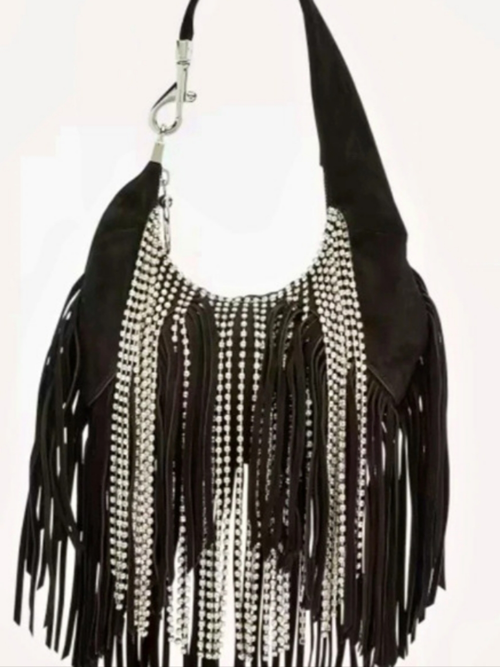 Rebecca Minkoff Mini Crystal Fringe Suede Croissant Shoulder Bag in Black